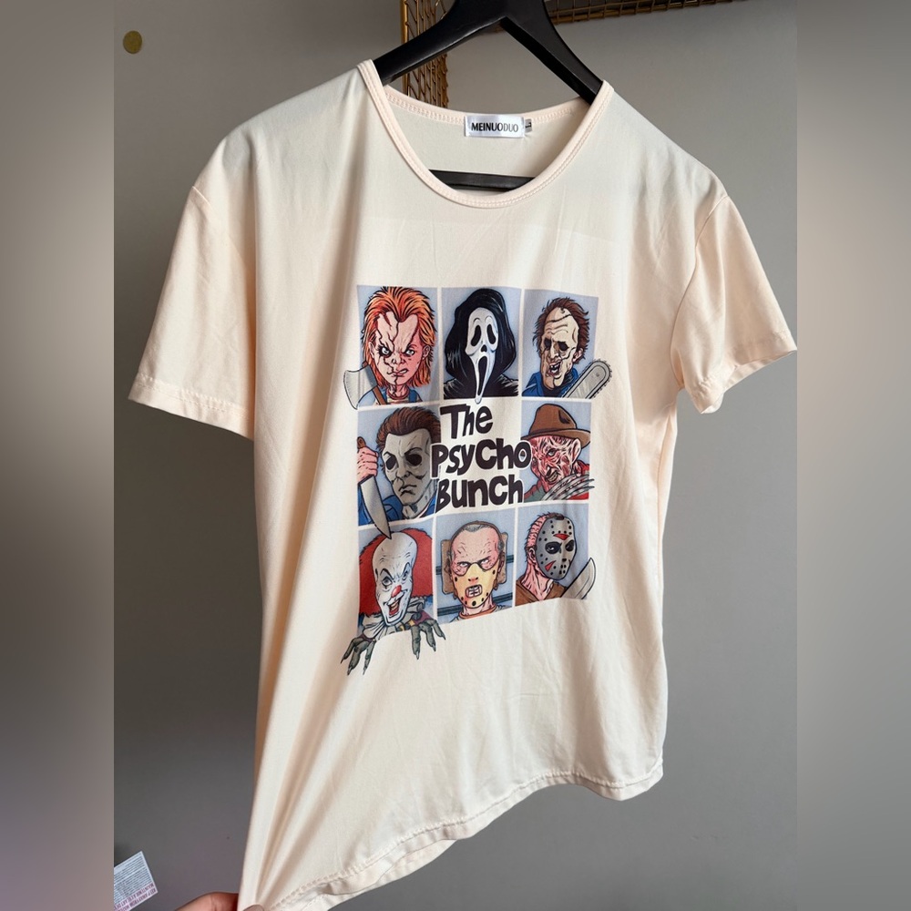 Psycho Bunch Graphic Tee – Women’s Size Large – Buttery Soft Cream Horror Shirt
